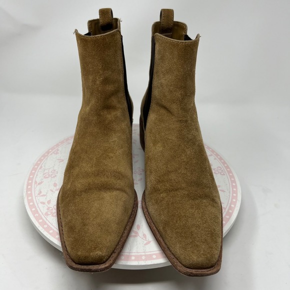 Tory Burch Chelsea Boots Women 10.5 Tan Suede Leather Square Toe Block Heel Pull - Picture 2 of 11